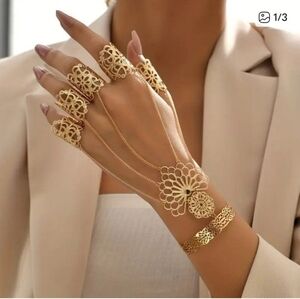 Gold Hollow Floral Finger Ring Mitten Bracelet